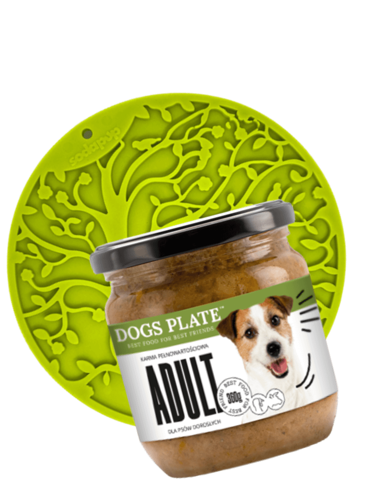 Zgrany duet Dogs Plate + Soda Pup:  Mokra Karma Adult 360 g  + Mata spowalniająca jedzenie drzewko szczęścia  z przyssawkami SodaPup
