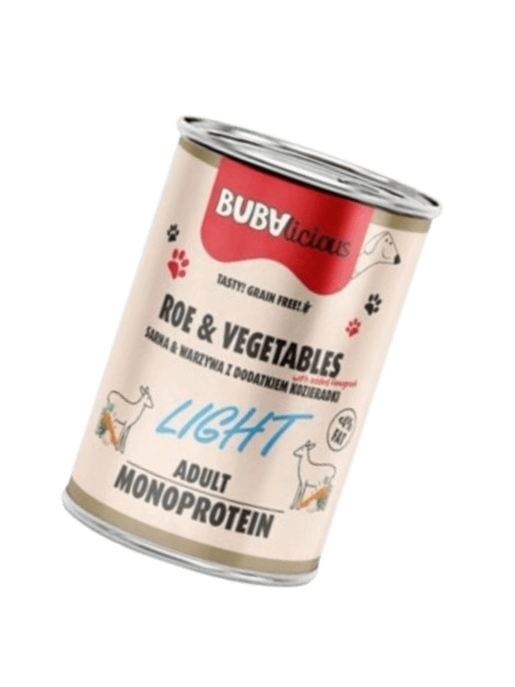 Bubalicious, Mono Light karma mokra dla psa z sarną i warzywami z dodatkiem kozieradki 400 g