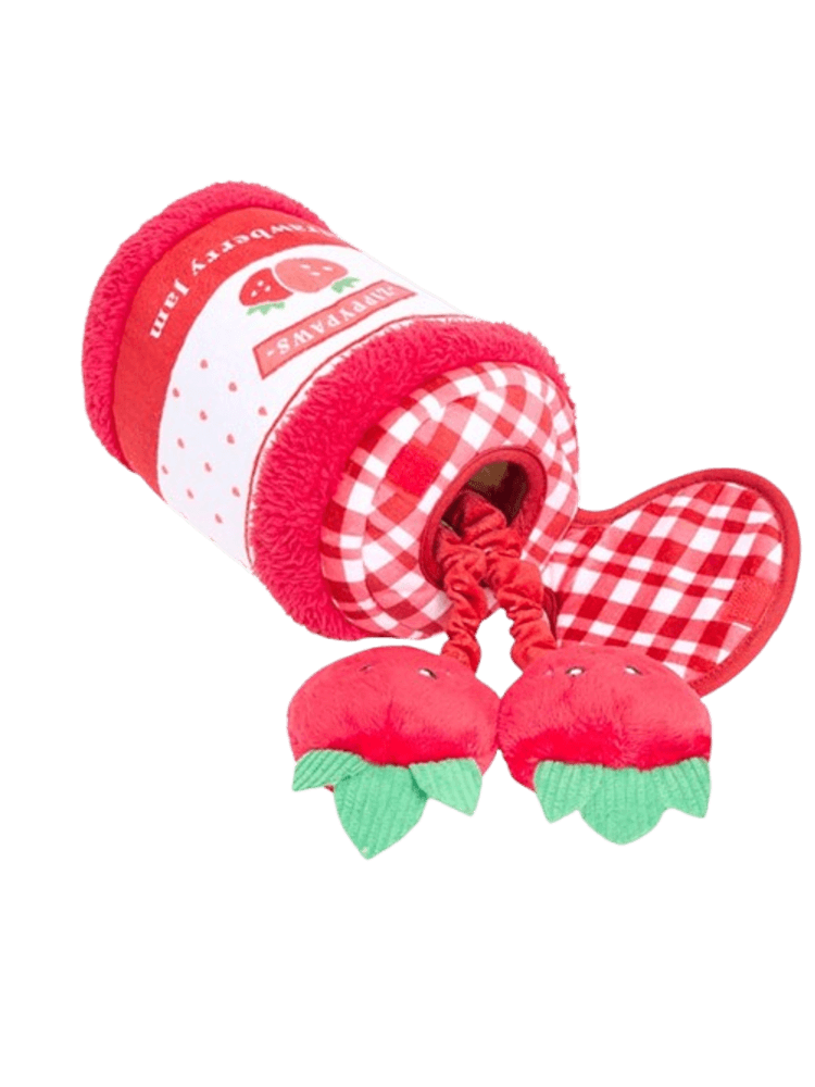 Bungee Burrow – Strawberry Jam Jar – Zabawka węchową dla psa z piszczącymi elementami