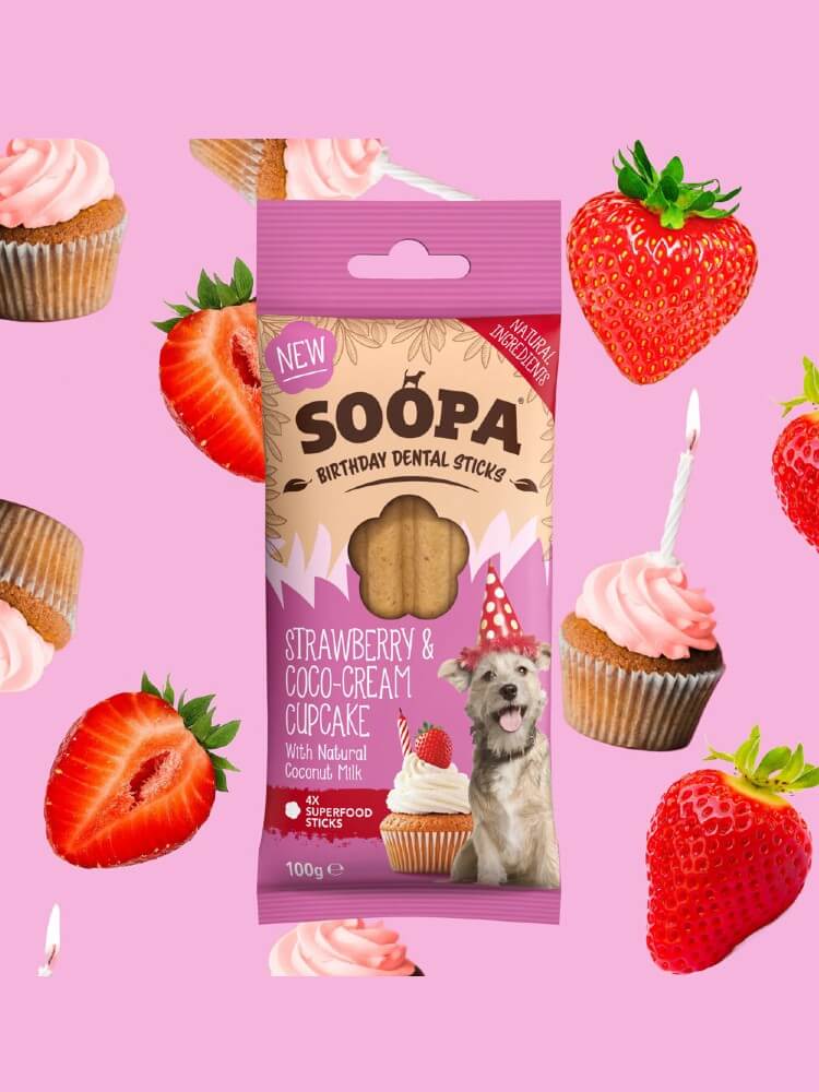 Soopa Strawberry & Coco-Cream Cupcake Dental Sticks 100 g- gryzaki urodzinowe dla psa