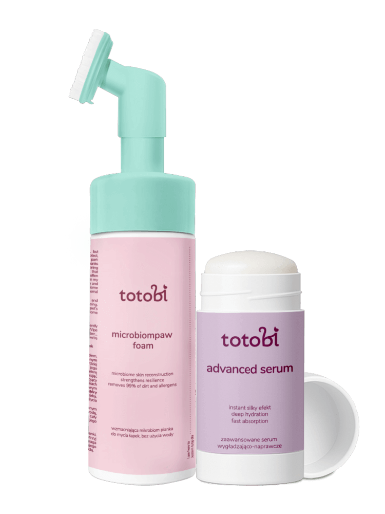 Zestaw: „Miękkie łapki, miękkie serca” Microbiompaw foam – Wzmacniająca mikrobiom pianka do mycia łapek, bez użycia wody dla psa i kota, 200 ml +  Zaawansowane serum wygładzająco-naprawcze dla zwierząt, do łapek i noska 25 ml