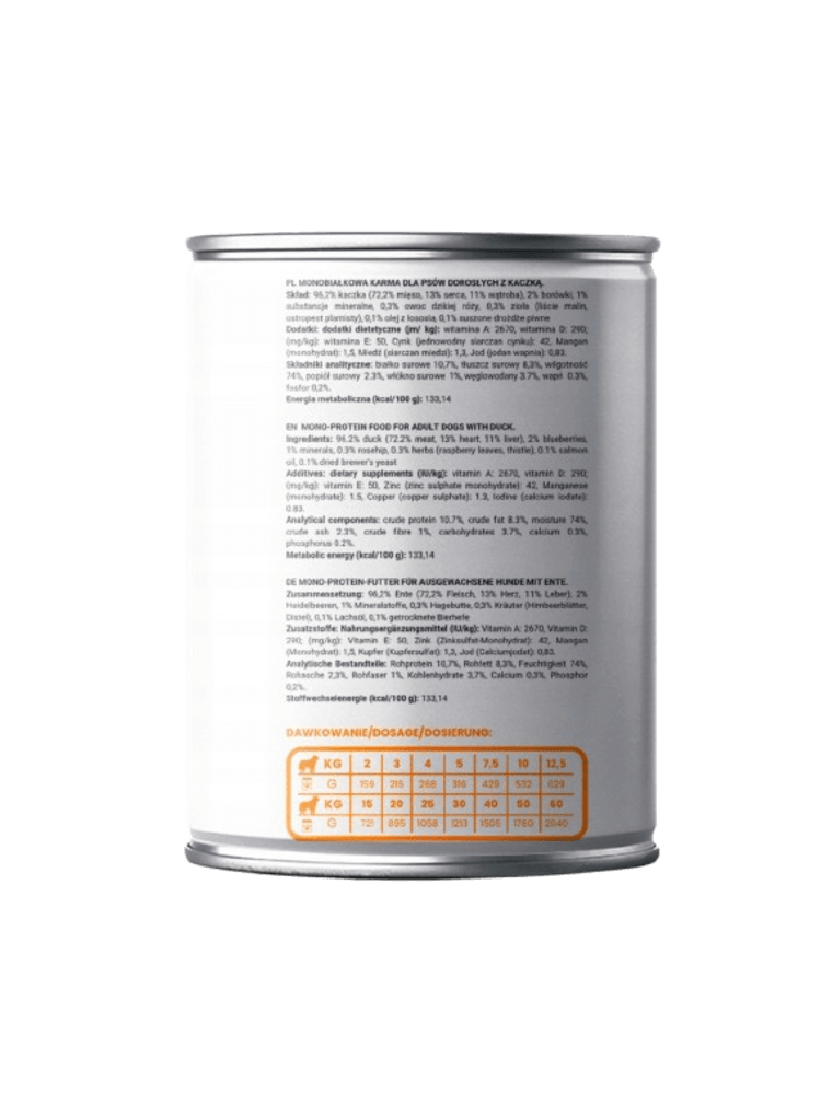Mokra karma Mono Protein Kaczka  – hipoalergiczna, bezzbożowa, 96,2% mięsa, 400 g