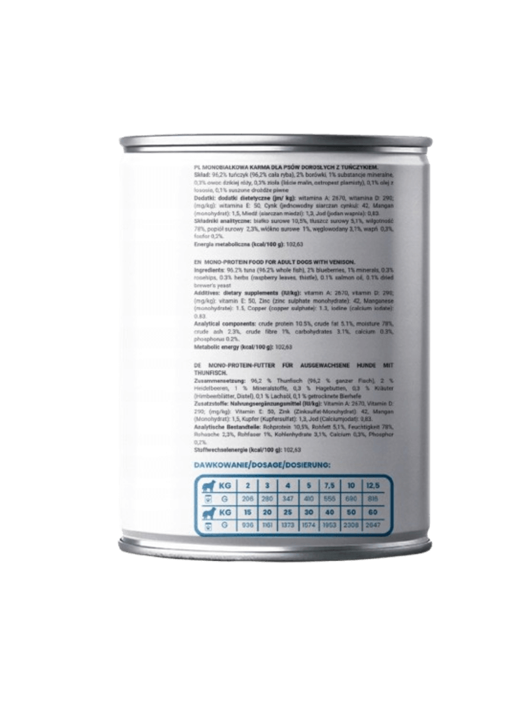 Mokra karma Mono Protein Tuńczyk  – hipoalergiczna, bezzbożowa, 96,2% mięsa, 400 g