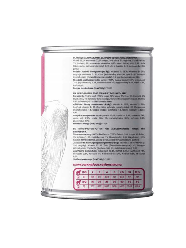 Mokra karma Mono Protein Wołowina  – hipoalergiczna, bezzbożowa, 96,2% mięsa, 400 g
