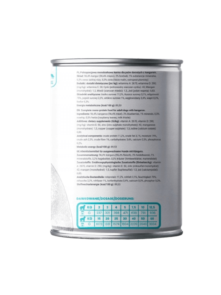Mokra karma monobiałkowa Ultra Light Kangur – niskotłuszczowa, hipoalergiczna, bezzbożowa (96,4% mięsa) 400 g